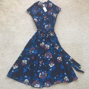 Mid length navy floral dress with tie waist